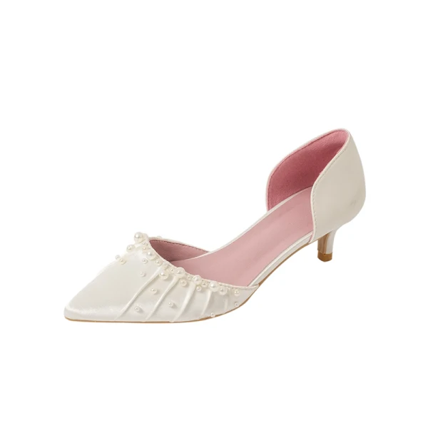 Elegant White Pearl Satin Pointed Toe Wedding Shoes 2024 4 cm Stiletto Heels Low Heel Wedding High Heels