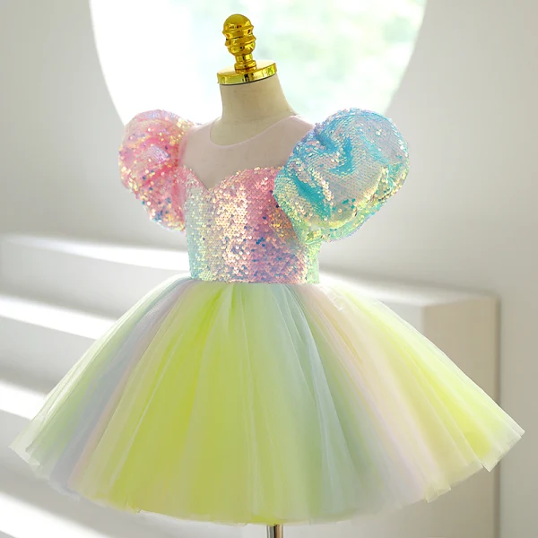 Colored Multi-Colors Sequins Short Party Dresses Flower Girl Dresses 2022 Ball Gown Scoop Neck Puffy Short Sleeve Flower Girl Dresses