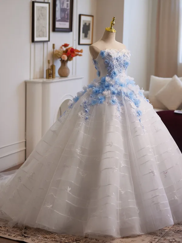 Charmant Haut de Gamme Blanche Fait main Perle En Dentelle Fleur Appliques Robe De Bal 2025 Robe Boule Bustier Sans Manches Dos Nu Train De Balayage