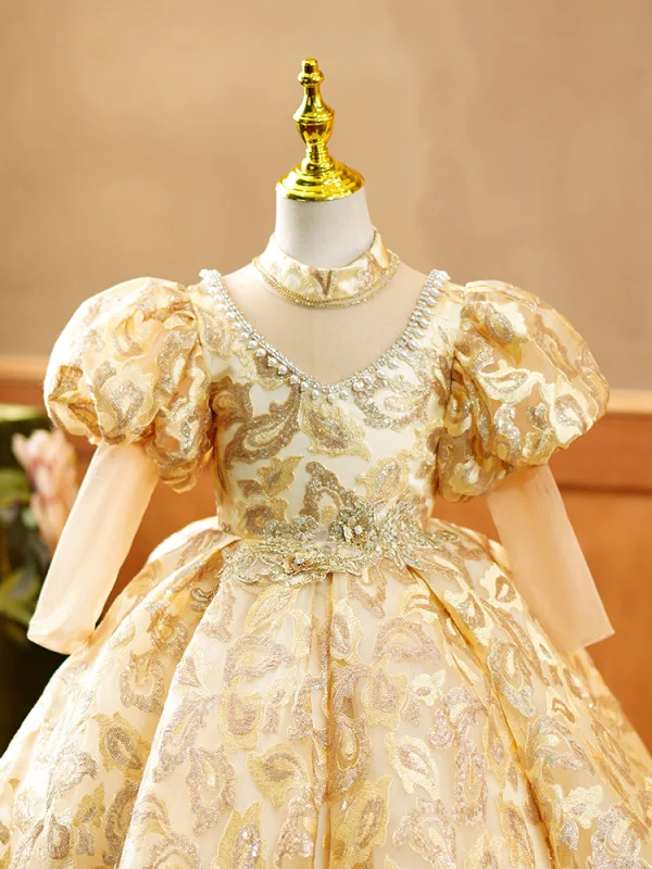 High-end Gold Beading Pearl Rhinestone Sequins Birthday Flower Girl Dresses 2023 Ball Gown High Neck Puffy 3/4 Sleeve Floor-Length / Long Flower Girl Dresses