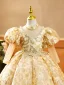 High-end Gold Beading Pearl Rhinestone Sequins Birthday Flower Girl Dresses 2023 Ball Gown High Neck Puffy 3/4 Sleeve Floor-Length / Long Flower Girl Dresses