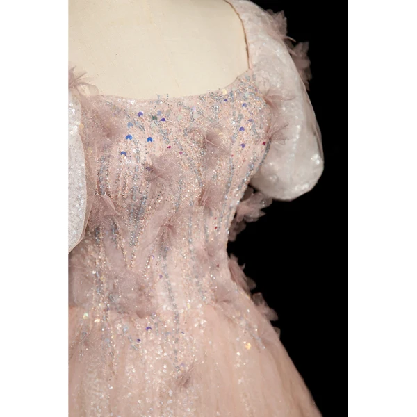 Charmant Rougissant Rose Paillettes Robe De Bal 2023 Princesse Encolure Carrée Manches Courtes Dos Nu Longue Robe De Ceremonie