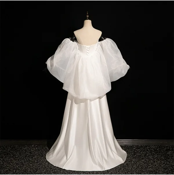 Fashion White Trumpet / Mermaid Wedding Dresses 2024 Strapless Puffy Short Sleeve Backless Sweep Train Wedding
