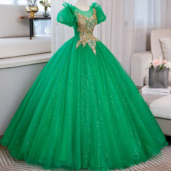 Vintage / Retro Green Beading Sequins Lace Flower Prom Dresses 2023 Ball Gown Scoop Neck Puffy Short Sleeve Backless Floor-Length / Long Prom Formal Dresses