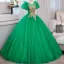 Vintage / Retro Green Beading Sequins Lace Flower Prom Dresses 2023 Ball Gown Scoop Neck Puffy Short Sleeve Backless Floor-Length / Long Prom Formal Dresses