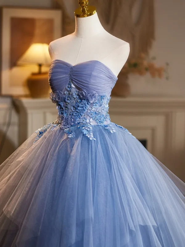 Chic / Beautiful Sky Blue Pearl Lace Flower Appliques Prom Dresses 2025 Ball Gown Strapless Sleeveless Backless Floor-Length / Long Prom Formal Dresses
