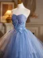 Chic / Beautiful Sky Blue Pearl Lace Flower Appliques Prom Dresses 2025 Ball Gown Strapless Sleeveless Backless Floor-Length / Long Prom Formal Dresses