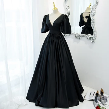 Vintage Originale Noire Robe De Bal 2021 Princesse V Cou Bretelles Croisées Longue Volants Satin 1 2 Manches Robe De Cérémonie