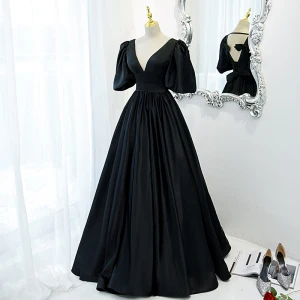 Vintage Retro Black Prom Dresses 2021 A Line Princess V Neck Crossed Straps Floor Length Long Ruffle Satin 1 2 Sleeves Formal Dresses