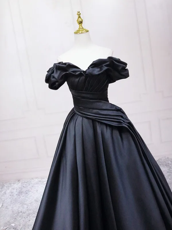 Elegant Black Prom Dresses 2025 Ball Gown Off-The-Shoulder Puffy Short Sleeve Backless Floor-Length / Long Prom Formal Dresses