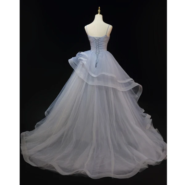 Charming Grey Cascading Ruffles Pearl Prom Dresses 2023 Ball Gown Spaghetti Straps Sleeveless Backless Floor-Length / Long Prom Formal Dresses