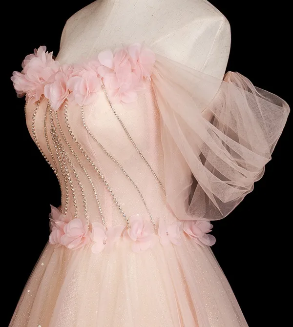 Chic / Beautiful Blushing Pink Appliques Rhinestone Prom Dresses 2025 A-Line / Princess Off-The-Shoulder Short Sleeve Backless Floor-Length / Long Formal Dresses