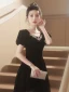 Audrey Hepburn Style Black Rhinestone Prom Dresses 2023 A-Line / Princess Square Neckline Short Sleeve Prom Polyester Floor-Length / Long Formal Dresses Zipper Up