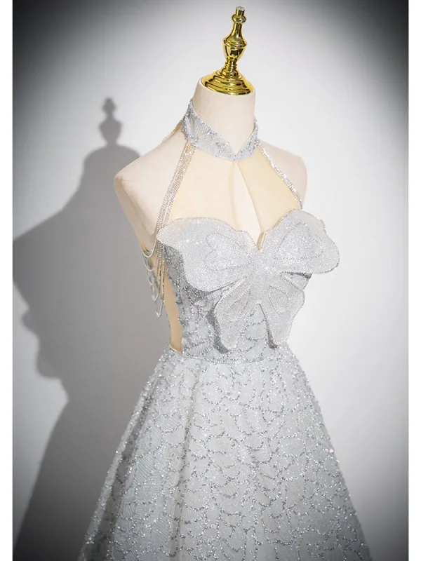 Mode Gris Perlage Paillettes Robe De Bal 2024 Princesse Col Haut Papillon Sans Manches Dos Nu Longue Promo Robe De Ceremonie