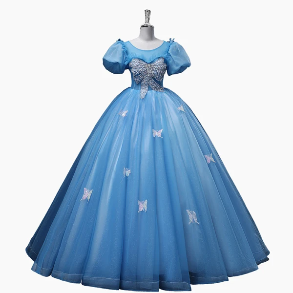 Chic / Beautiful Pool Blue Beading Pearl Rhinestone Prom Dresses 2022 Ball Gown Scoop Neck Sequins Butterfly Puffy Short Sleeve Backless Floor-Length / Long Prom