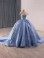 High-end Ocean Blue Handmade  Beading Sequins Prom Dresses 2014 Ball Gown Off-The-Shoulder Sleeveless Backless Royal Train Formal Dresses