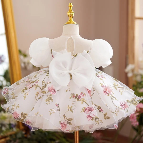 Chic / Belle Blanche Impression Anniversaire Courte Robe Ceremonie Fille 2022 Robe Boule Encolure Carrée Gonflée Manches Courtes Dos Nu Noeud Robe Ceremonie Fille