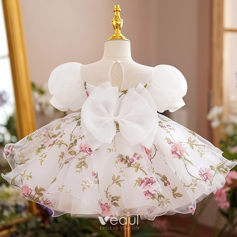 Chic / Beautiful White Printing Birthday Short Flower Girl Dresses 2022  Ball Gown Square Neckline Puffy Short Sleeve Backless Bow Flower Girl  Dresses