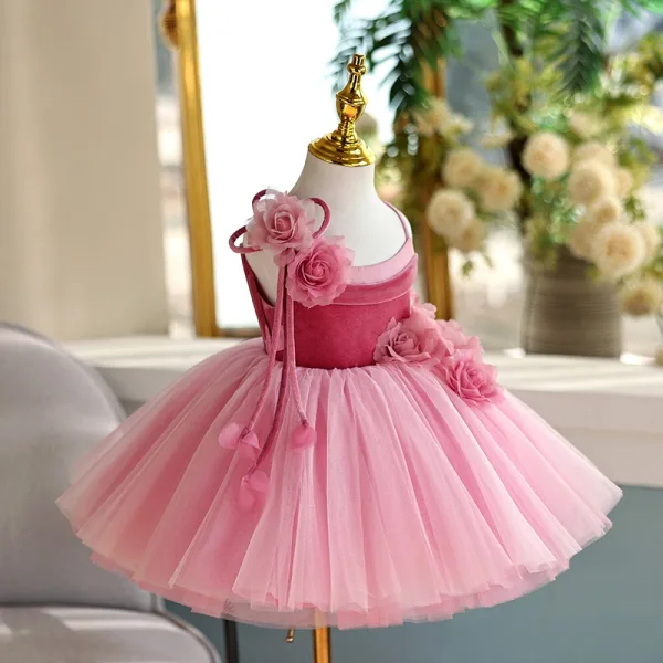 Chic / Beautiful Fuchsia Appliques Birthday Flower Girl Dresses 2025 Ball Gown Spaghetti Straps Sleeveless Backless Floor-Length / Long Flower Girl Dresses