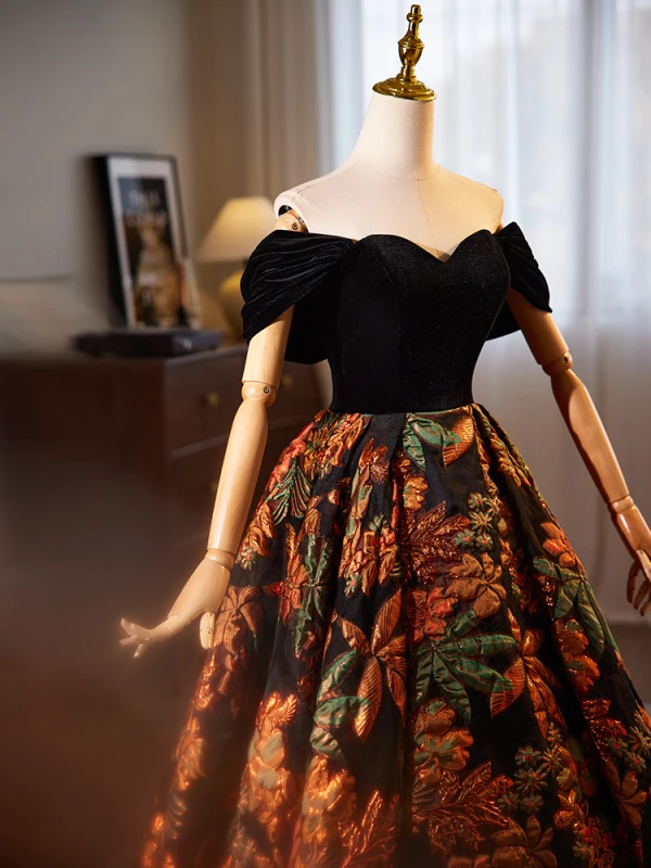 Vintage / Retro Black Printing Prom Dresses 2024 Ball Gown Off-The-Shoulder Sleeveless Backless Floor-Length / Long Prom Formal Dresses