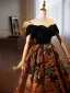 Vintage / Retro Black Printing Prom Dresses 2024 Ball Gown Off-The-Shoulder Sleeveless Backless Floor-Length / Long Prom Formal Dresses