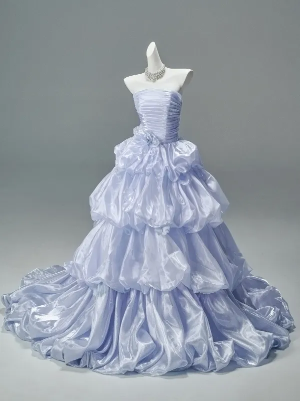 High-end Fashion Sky Blue Glitter Appliques Cascading Ruffles Prom Dresses 2026 Ball Gown Strapless Sleeveless Backless Court Train Formal Dresses