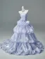 High-end Fashion Sky Blue Glitter Appliques Cascading Ruffles Prom Dresses 2026 Ball Gown Strapless Sleeveless Backless Court Train Formal Dresses