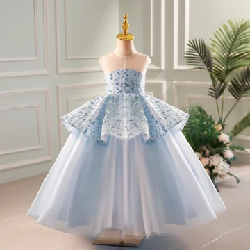 Fashion Sky Blue Sequins Birthday Flower Girl Dresses 2023 Ball Gown Scoop Neck Sleeveless Backless Floor Length Long