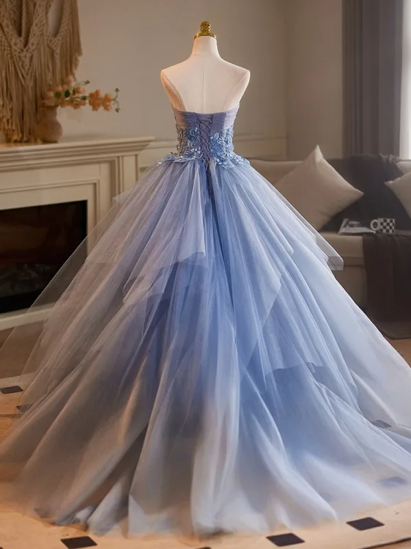 Chic / Beautiful Sky Blue Pearl Lace Flower Appliques Prom Dresses 2025 Ball Gown Strapless Sleeveless Backless Floor-Length / Long Prom Formal Dresses