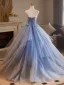Chic / Beautiful Sky Blue Pearl Lace Flower Appliques Prom Dresses 2025 Ball Gown Strapless Sleeveless Backless Floor-Length / Long Prom Formal Dresses