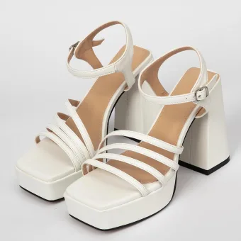 Moda Białe Wieczorowe Sandały Damskie 2022 Z Paskiem 10 Cm Grubym Obcasie Peep Toe Sandały Wysokie Obcasy