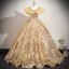 Scintillantes Champagne Perlage Paillettes En Dentelle Fleur Robe De Bal 2025 Robe Boule Encolure Dégagée Sans Manches Dos Nu Longue Promo Robe De Ceremonie