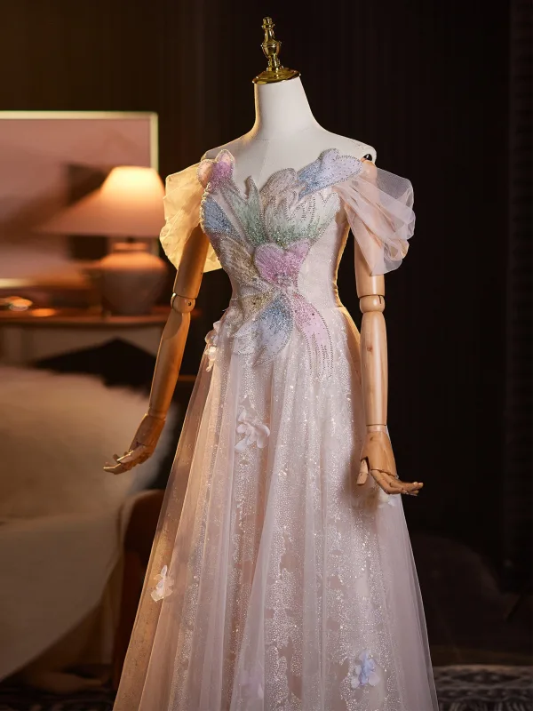 Schöne Rosa Perlenstickerei Applikationen Pailletten Ballkleider 2025 A Linie Off Shoulder Kurze Ärmel Rückenfreies Lange Ball Festliche Kleider