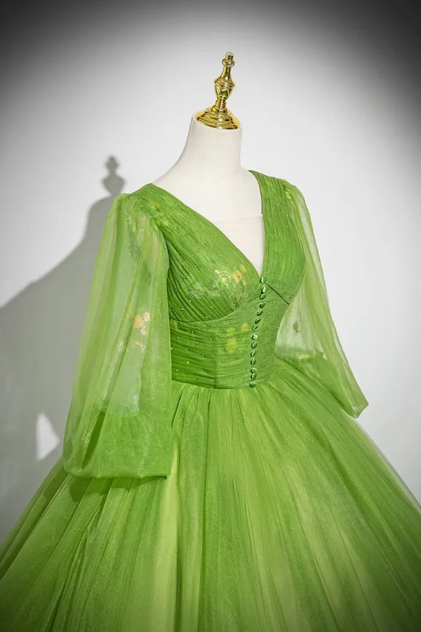 Classic Green Ball Gown Prom Dresses 2024 V-Neck 3/4 Sleeve Backless Floor-Length / Long Prom Formal Dresses