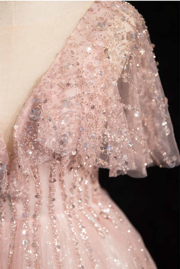 Bling Bling Dusky Pink Beading Sequins Prom Dresses 2024 A-Line / Princess V-Neck Short Sleeve Backless Floor-Length / Long Prom Formal Dresses