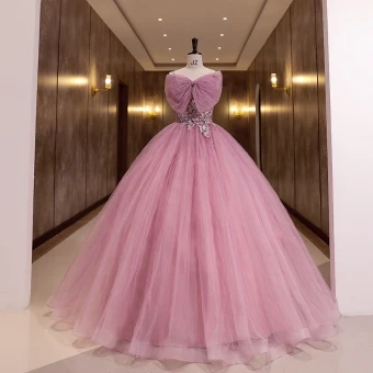Charmant Fushia Perle Robe De Bal 2022 Robe Boule Bretelles Spaghetti Noeud Sans Manches Dos Nu En Dentelle Fleur Longue Robe De Ceremonie