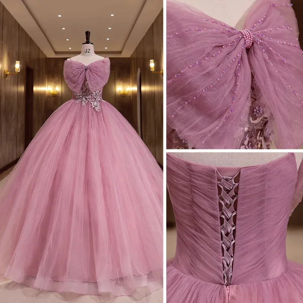 Charming Fuchsia Pearl Prom Dresses 2022 Ball Gown Spaghetti Straps Bow Sleeveless Backless Lace Flower Floor-Length / Long Formal Dresses