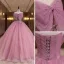 Charming Fuchsia Pearl Prom Dresses 2022 Ball Gown Spaghetti Straps Bow Sleeveless Backless Lace Flower Floor-Length / Long Formal Dresses
