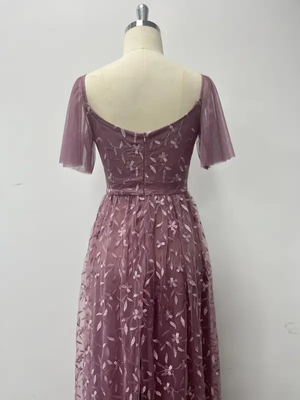 Chic / Beautiful Candy Pink Lace Flower Evening Dresses 2024 A-Line / Princess V-Neck Short Sleeve Backless Floor-Length / Long Evening Party Formal Dresses