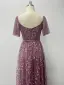 Chic / Beautiful Candy Pink Lace Flower Evening Dresses 2024 A-Line / Princess V-Neck Short Sleeve Backless Floor-Length / Long Evening Party Formal Dresses