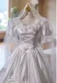 Medieval Vintage / Retro White Bow Lace Flower Satin Wedding Dresses 2025 A-Line / Princess V-Neck Short Sleeve Backless Floor-Length / Long Wedding