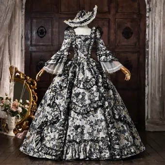 Vintage Originale Médiévale Noire Impression Faux Diamant Halloween Robe De Bal 2026 Robe Boule Encolure Carrée Manches De Cloche Longue Robe De Ceremonie
