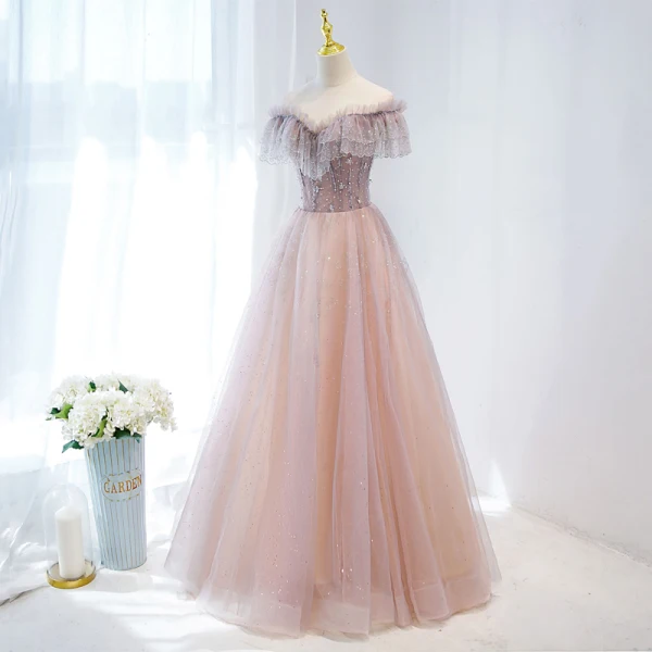 Chic Beautiful Dusky Pink Prom Dresses 2022 A-Line Princess Ruffle Off-The-Shoulder Lace