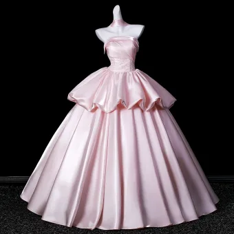 Charmant Rougissant Rose Volants En Cascade Satin Robe De Bal 2026 Robe Boule Bustier Sans Manches Dos Nu