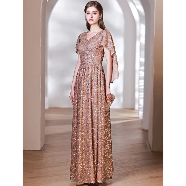 Sparkly Gold Sequins Evening Dresses 2023 A-Line / Princess V-Neck Short Sleeve Floor-Length / Long Evening Party Formal Dresses