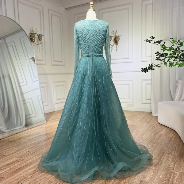 High-end Royal Blue Handmade  Beading Prom Dresses 2024 A-Line / Princess V-Neck Long Sleeve Floor-Length / Long Prom Formal Dresses