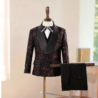 Sparkly Burgundy Sequins Long Sleeve 5 Piece Boys Wedding Suits 2025 Coat Pants Shirt Tie Vest