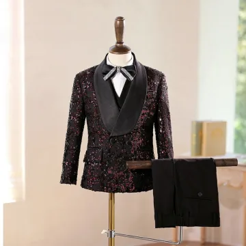 Scintillantes Bordeaux Paillettes Manches Longues 5 Pièces Costume Garçon Mariage 2025 Manteau Pantalon Chemise Cravate Gilet