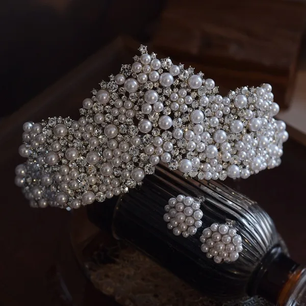Vintage / Retro White Pearl Rhinestone Earrings Crown Wedding Bridal Hair Accessories 2025 Alloy