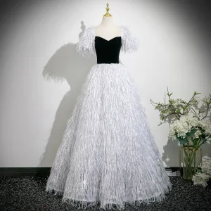 Mode Argenté Gris Gland Robe De Bal 2025 Robe Boule De L Épaule Manches Courtes Dos Nu Longue Robe De Ceremonie